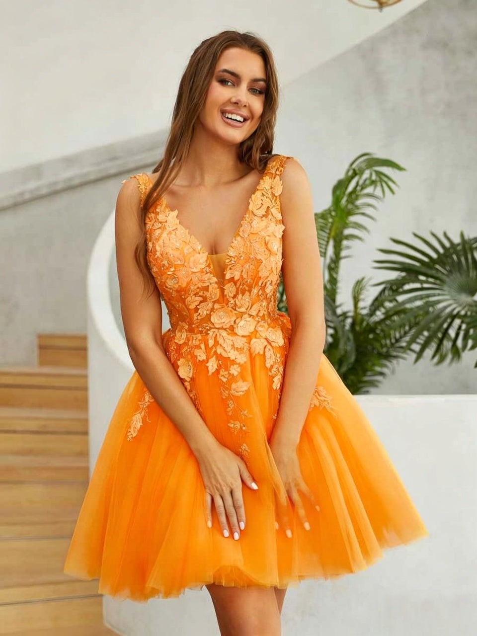 Orange Tulle Sleeveless Deep V Backless 3D Floral Lace Applique A-Line Short Homecoming Dresses