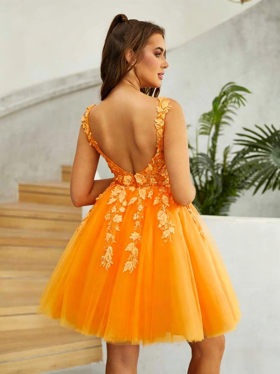 Orange Tulle Sleeveless Deep V Backless 3D Floral Lace Applique A-Line Short Homecoming Dresses
