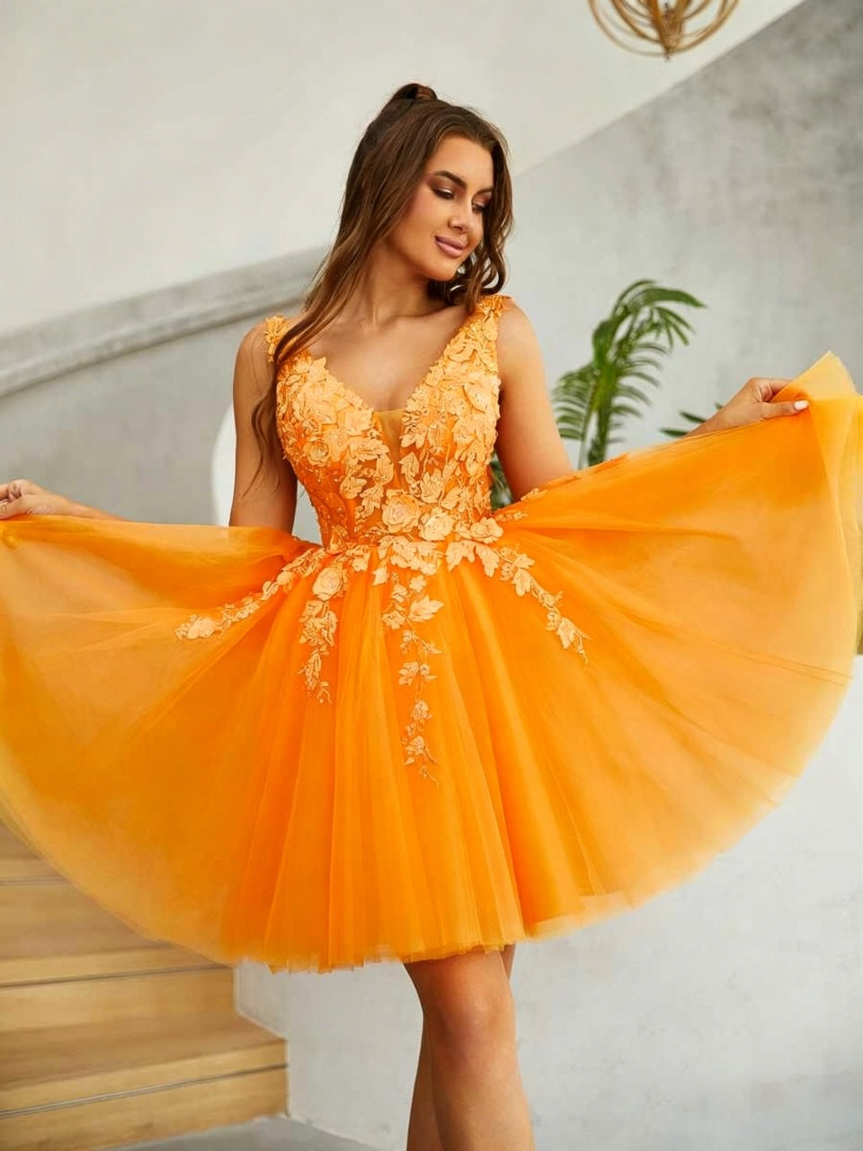 Orange Tulle Sleeveless Deep V Backless 3D Floral Lace Applique A-Line Short Homecoming Dresses