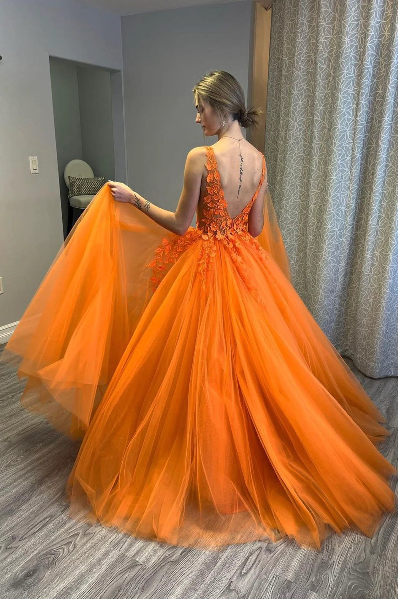 Orange V-Neck Lace Long Prom Dresses, A-Line Evening Party Dresses