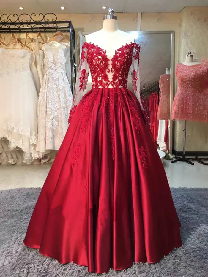 Red Ball Gown Floor Length Off Shoulder Long Sleeve Appliques Vintage Prom Dresses
