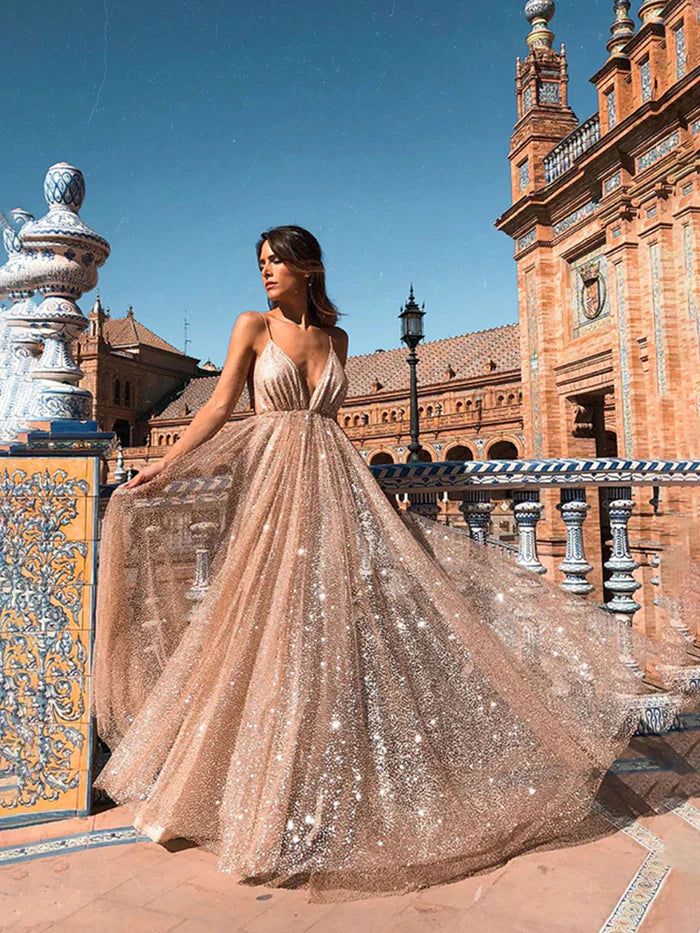 Shiny Spaghetti Straps Sequins V Neck Open Back Long Prom Dress