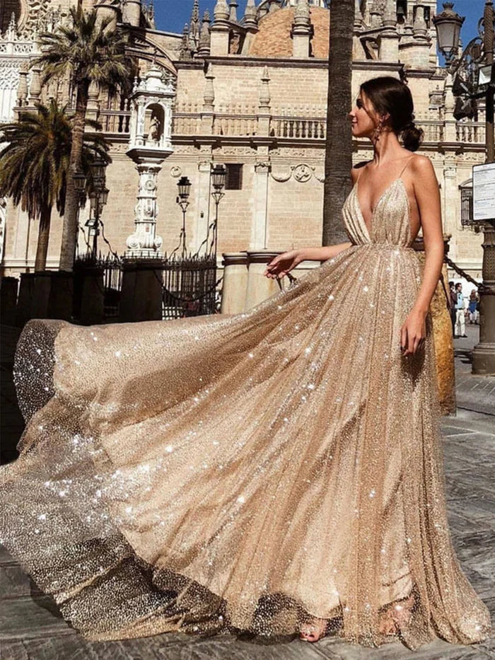 Shiny Spaghetti Straps Sequins V Neck Open Back Long Prom Dress