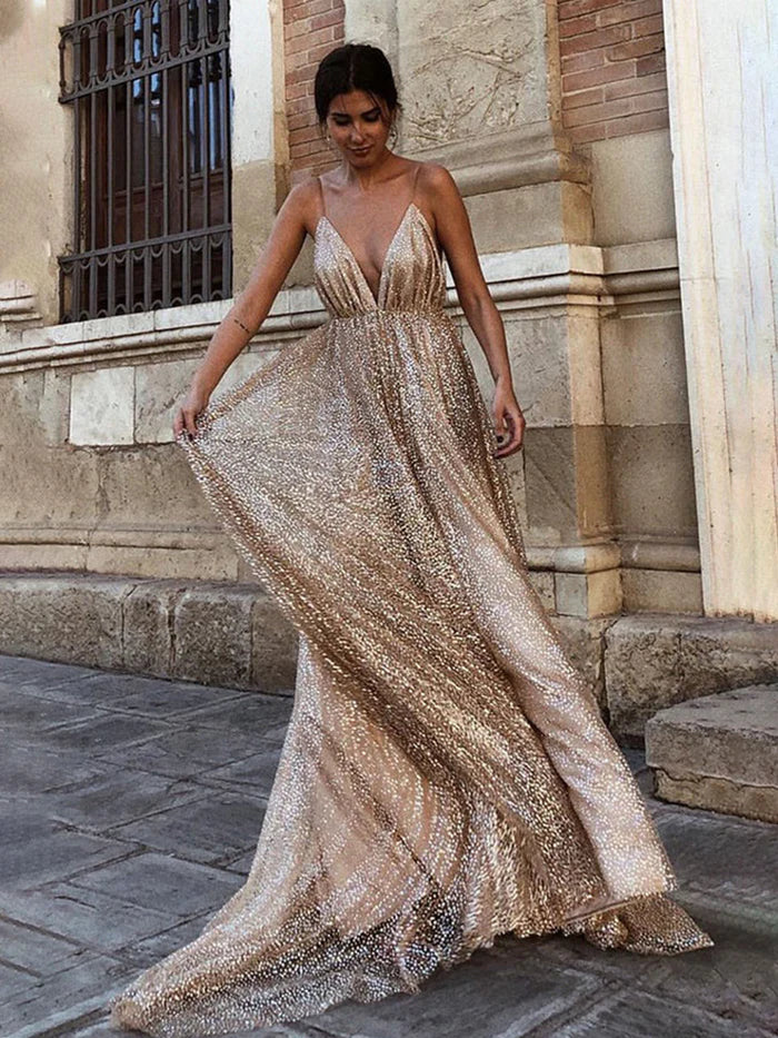 Shiny Spaghetti Straps Sequins V Neck Open Back Long Prom Dress