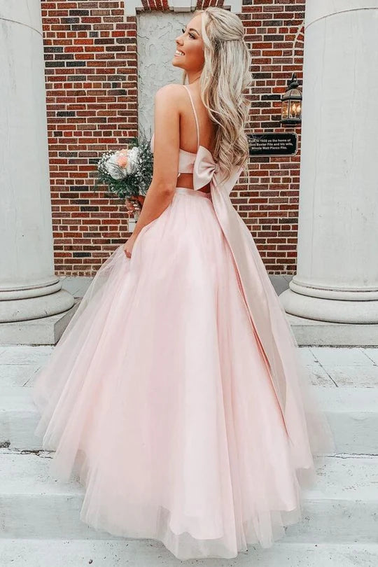 Bow Back Pink A-line Empire-Waist Sleeveless Tulle Long Prom Dress