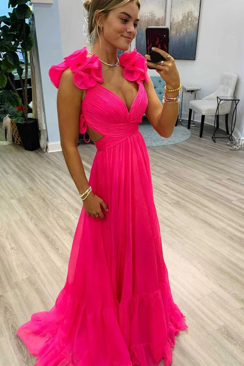 A-line Chiffon V-Neck Sleeveless Long Formal Dress with Slit