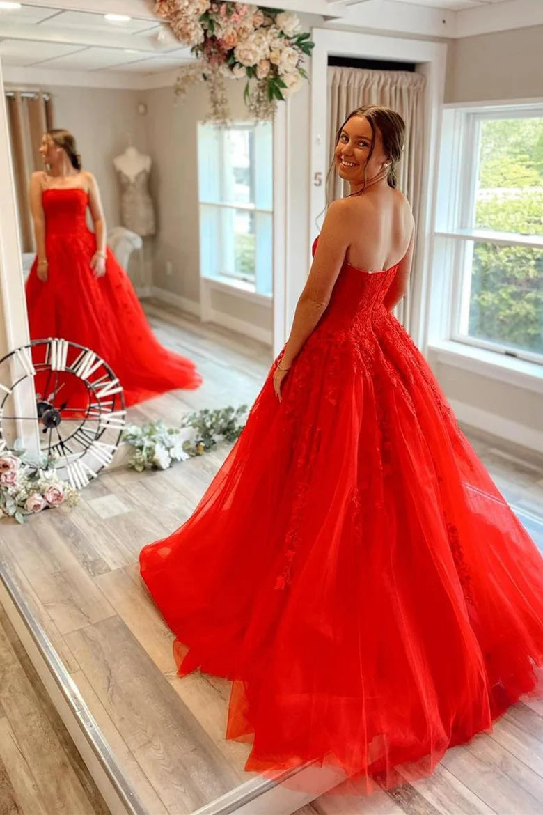 Strapless Red Lace Appliques Long Unique Design Prom Dresses