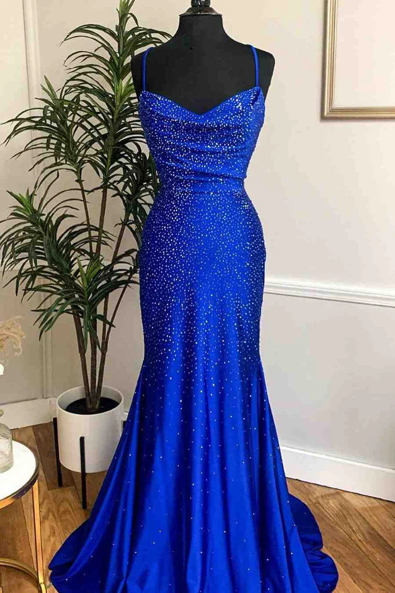 Royal Blue Beaded V-Neck Mermaid Long Full Of Charm Prom Dress