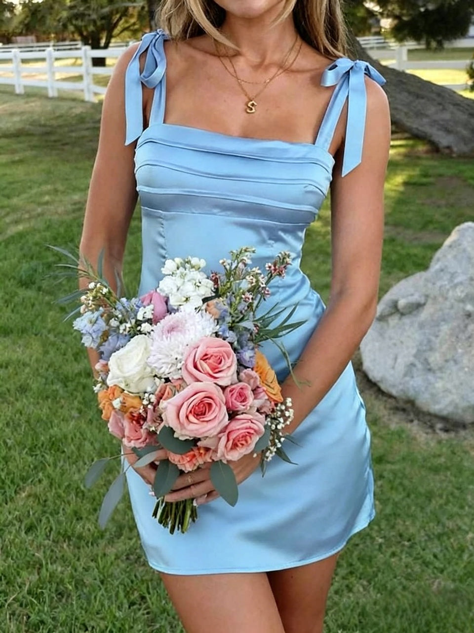 Pale Gloss Satin Tie Spaghetti Strap Pleated Square Neck Back Bow Bodycon Mini Homecoming Dresses