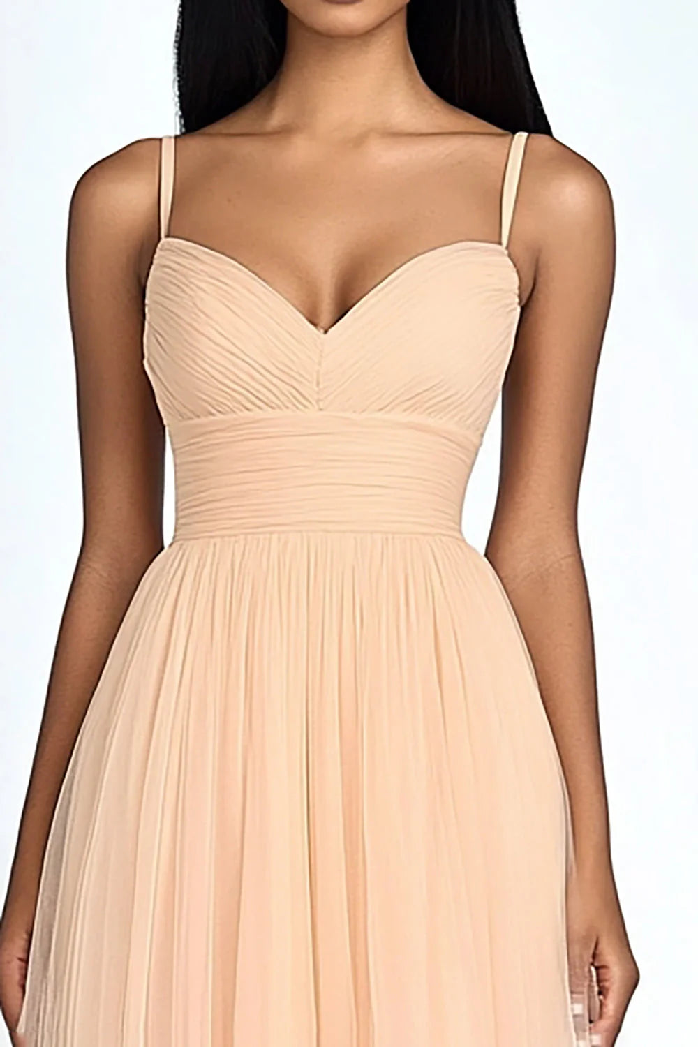 Peach A Line Tulle Spaghetti Straps Long Wedding Guest Dress