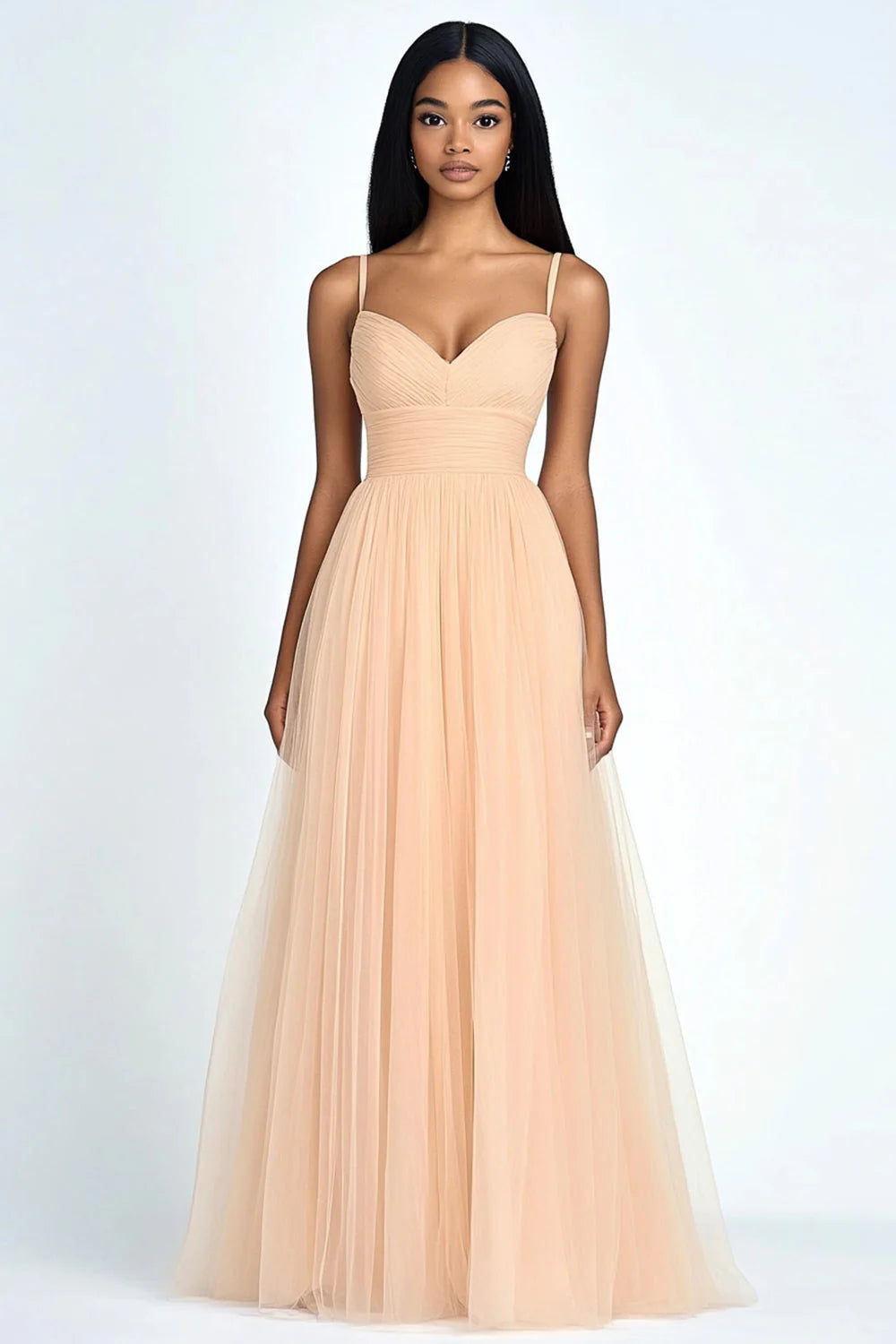 Peach A Line Tulle Spaghetti Straps Long Wedding Guest Dress