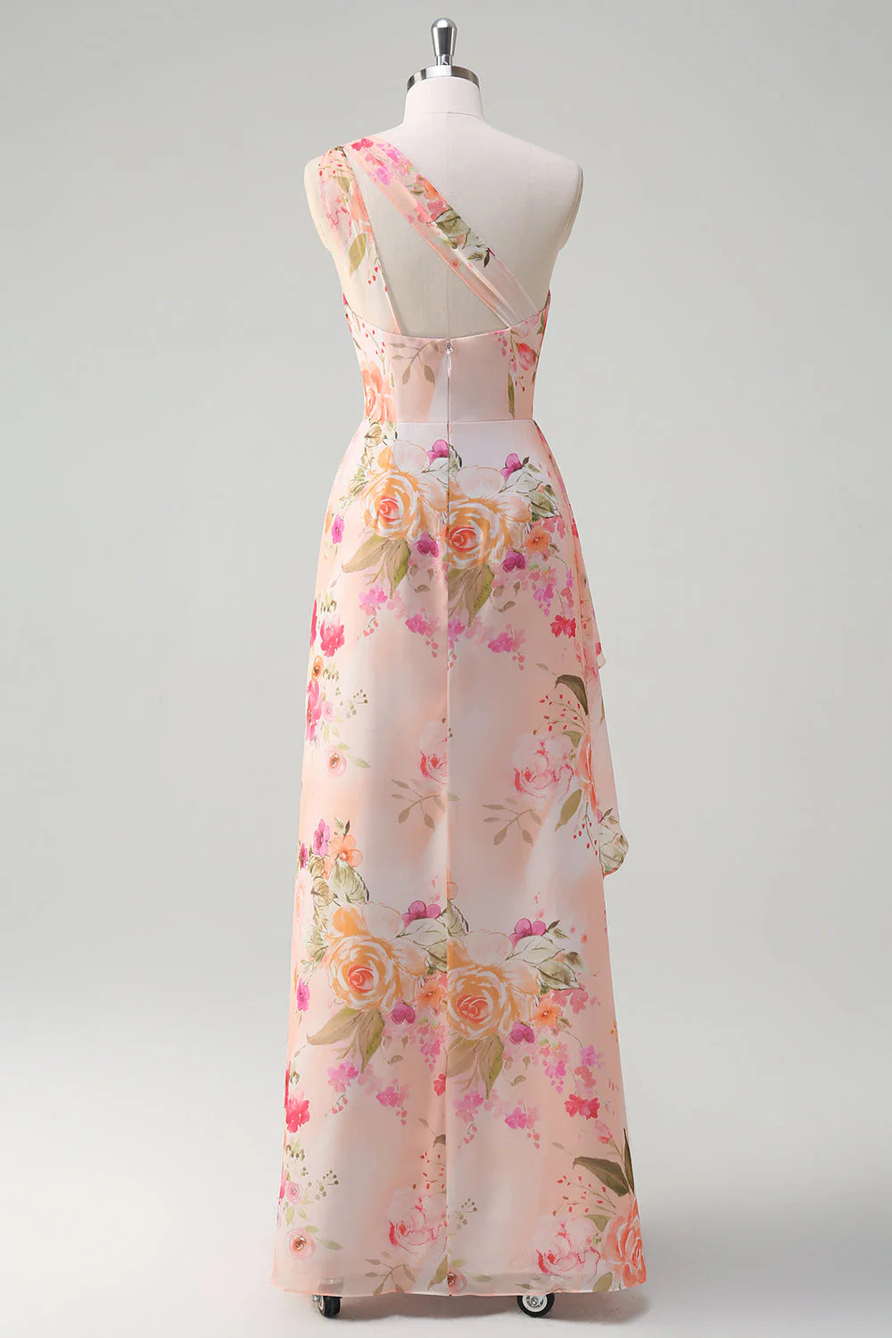 Peach Floral One Shoulder Print Long Prom Dress