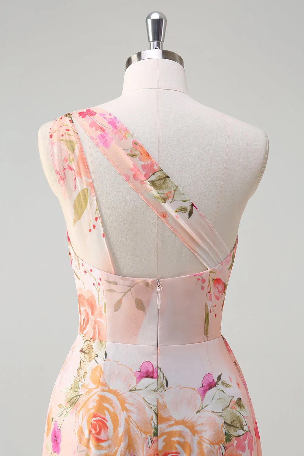 Peach Floral One Shoulder Print Long Prom Dress