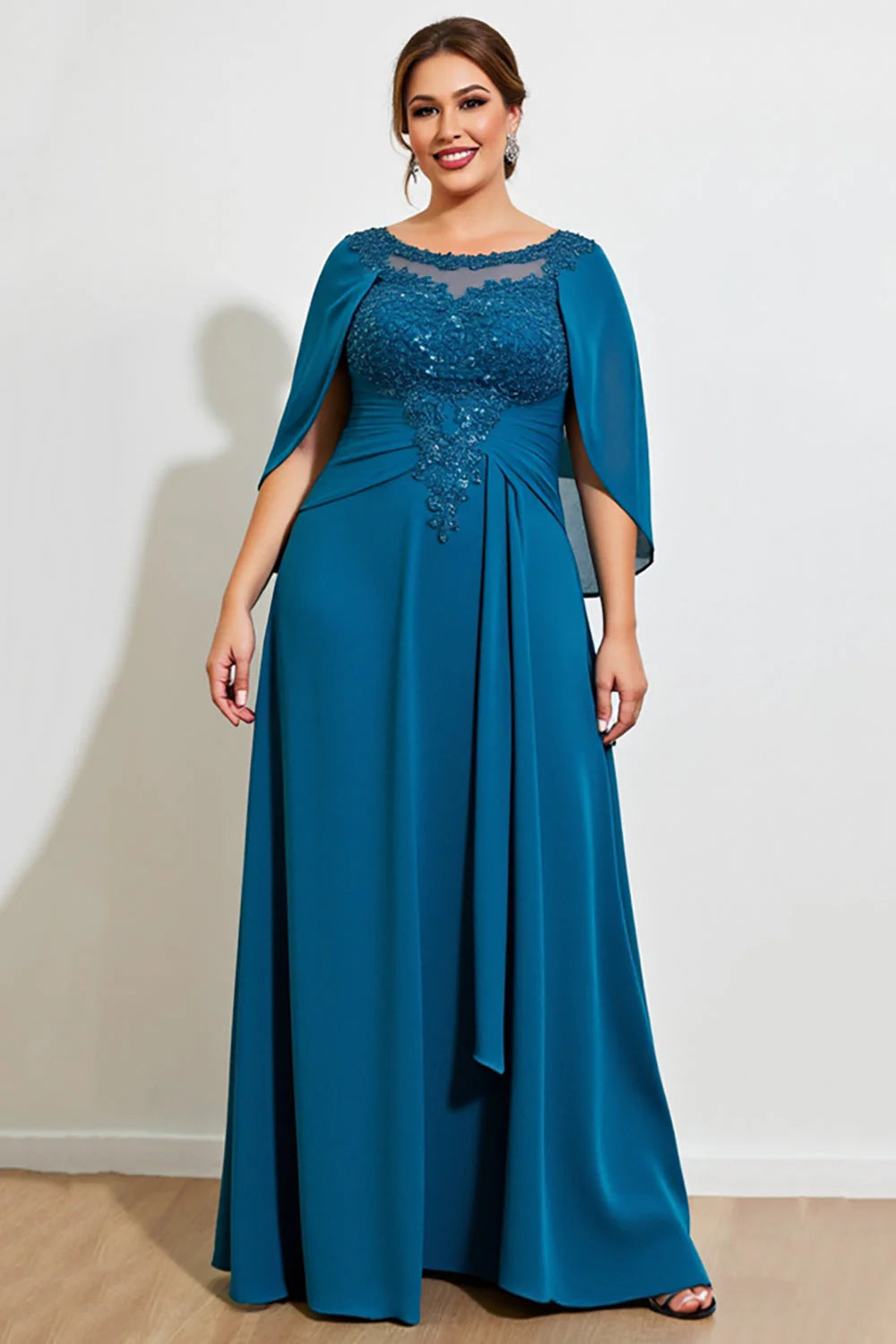 Peacock Chiffon Long Plus Size Mother of the Bride Dress with Cape