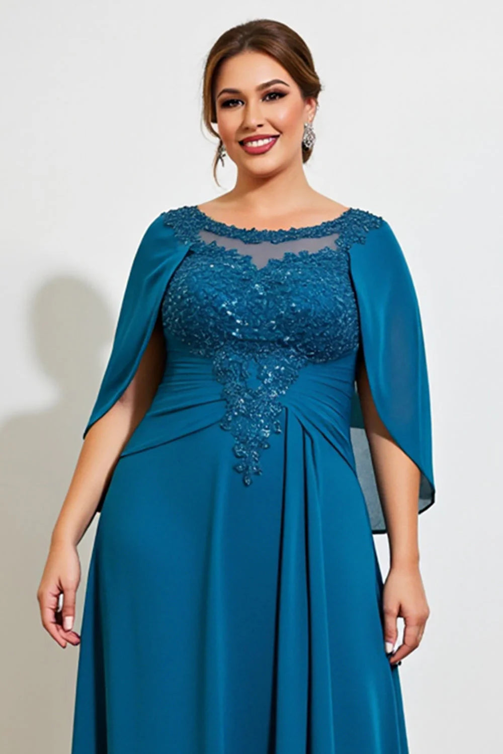 Peacock Chiffon Long Plus Size Mother of the Bride Dress with Cape