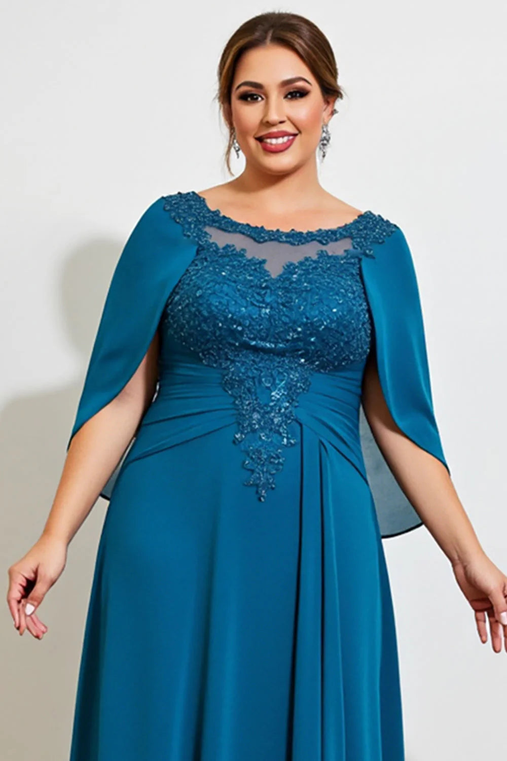 Peacock Chiffon Long Plus Size Mother of the Bride Dress with Cape