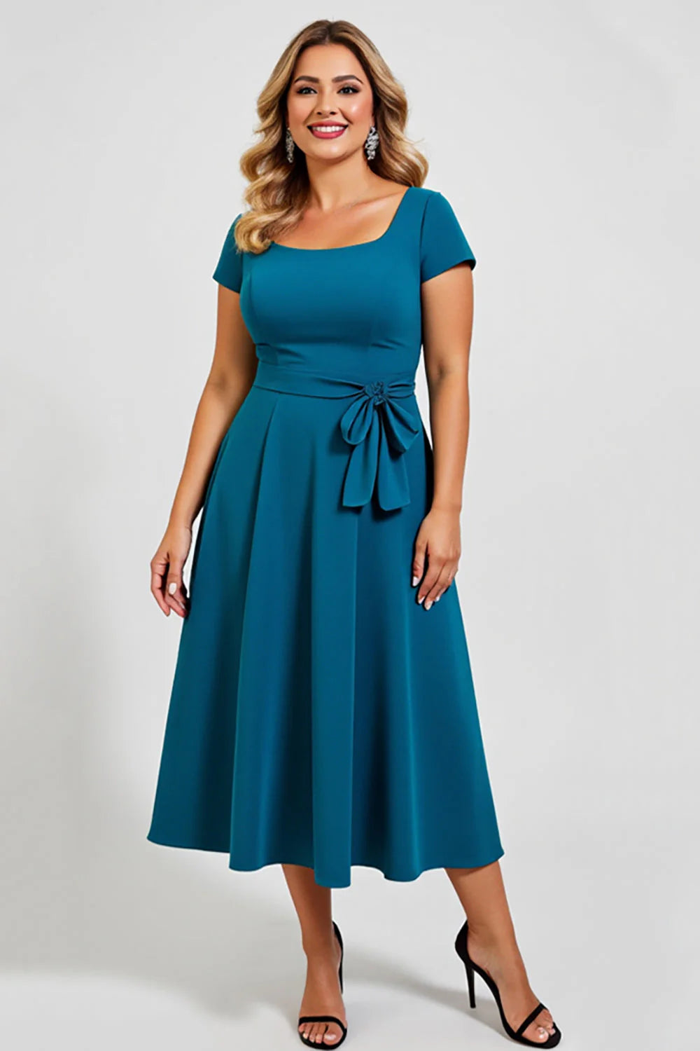 Peacock Square Neck Tea-Length Mother of the Bride Dress with Bow