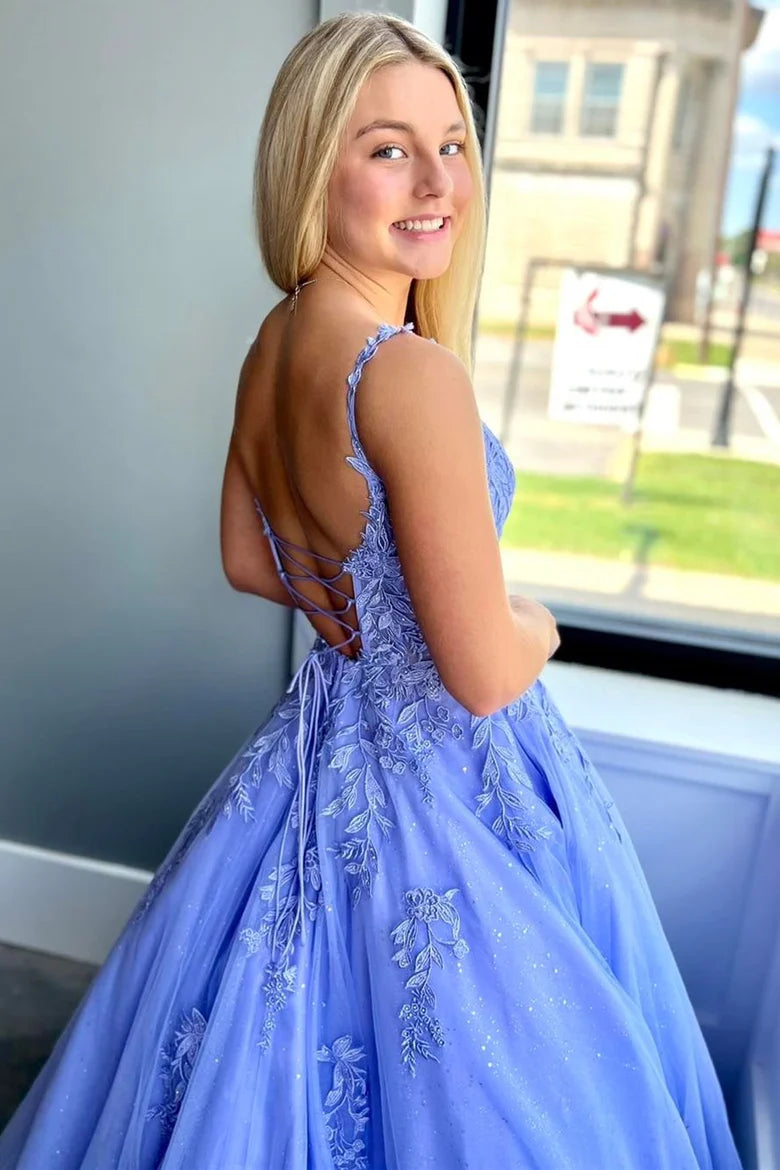 Periwinkle Tulle Appliques Lace-Up A-Line Long Prom Dress