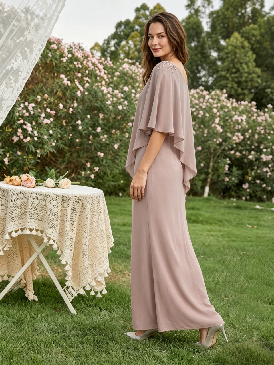 Graceful Chiffon A-Line Round Neck Cape Sleeve V-Back Floor-Length Mother of the Bride Dresses
