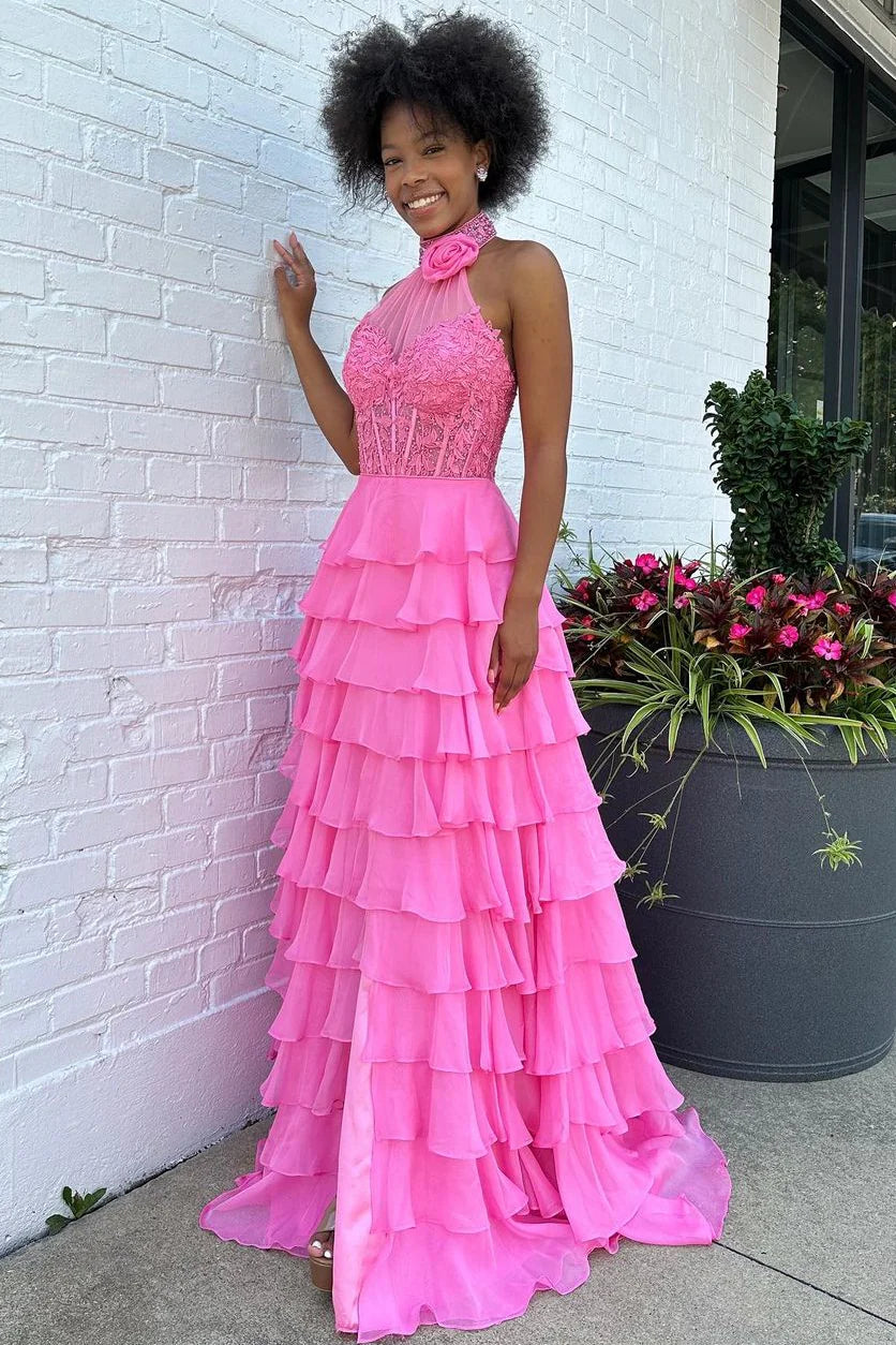 Pink A-Line Halter Neck Lace Top Long Tiered Chiffon Prom Dress