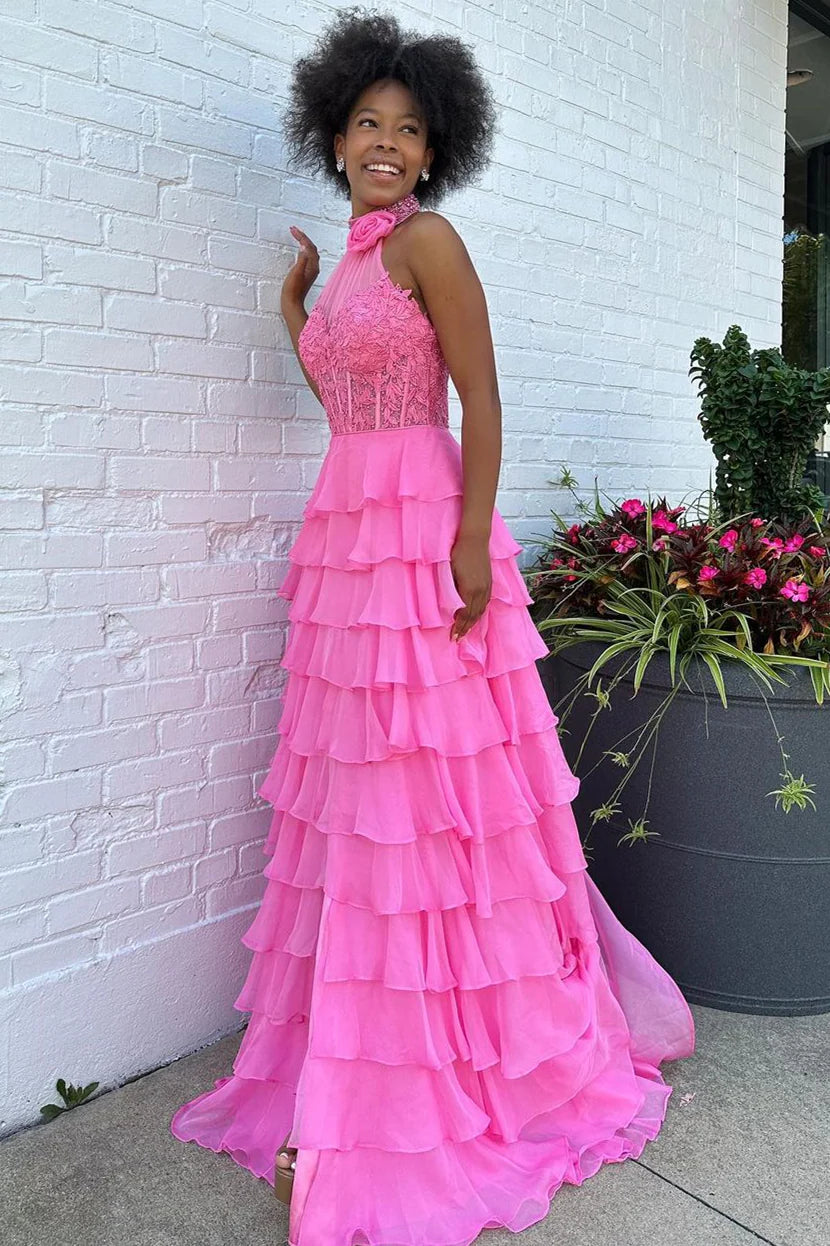 Pink A-Line Halter Neck Lace Top Long Tiered Chiffon Prom Dress