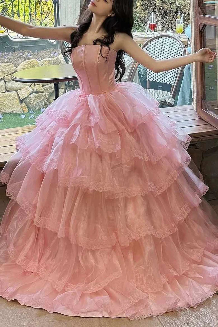 Pink A-Line Strapless Empire-Waist Layered Long Prom Dress