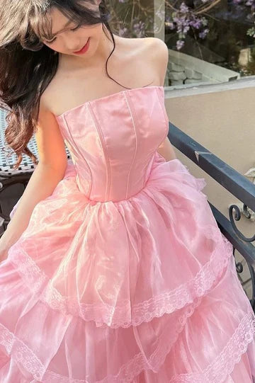 Pink A-Line Strapless Empire-Waist Layered Long Prom Dress