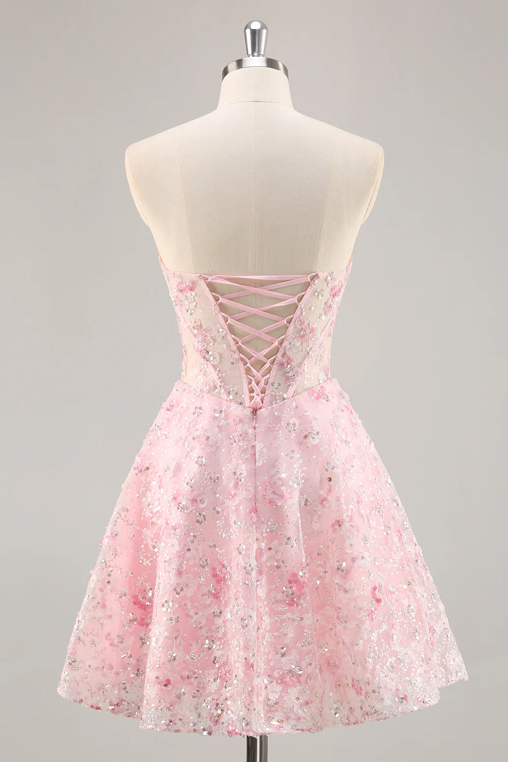 Pink A-Line Strapless Sequins Corset Short Floral Homecoming Dress