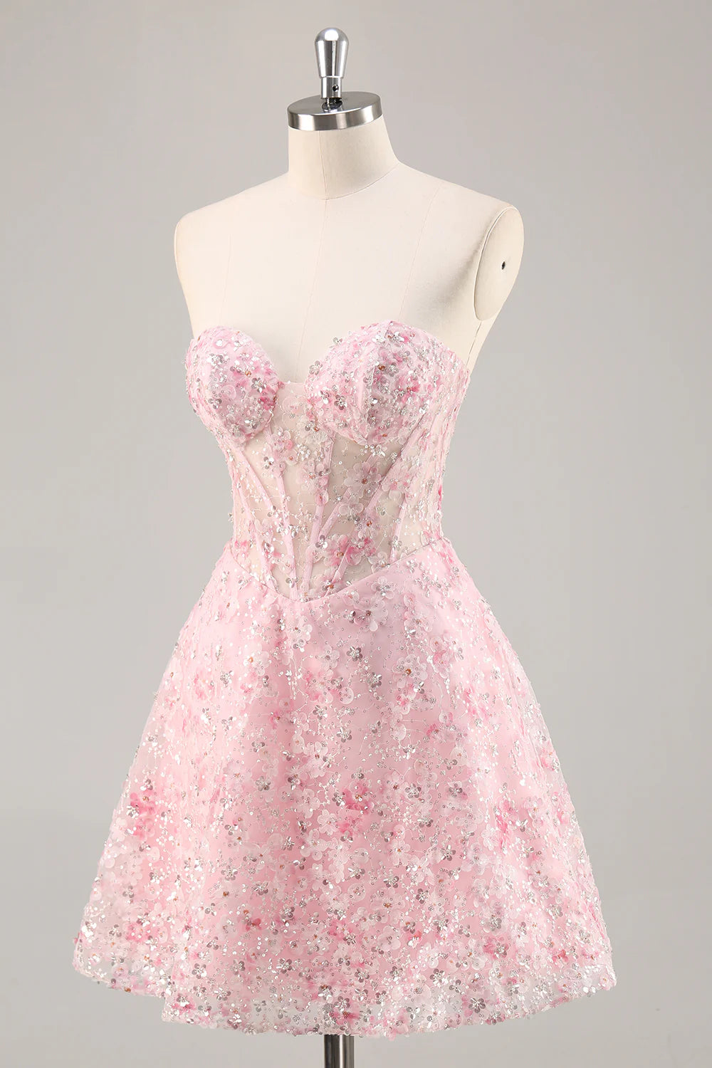 Pink A-Line Strapless Sequins Corset Short Floral Homecoming Dress