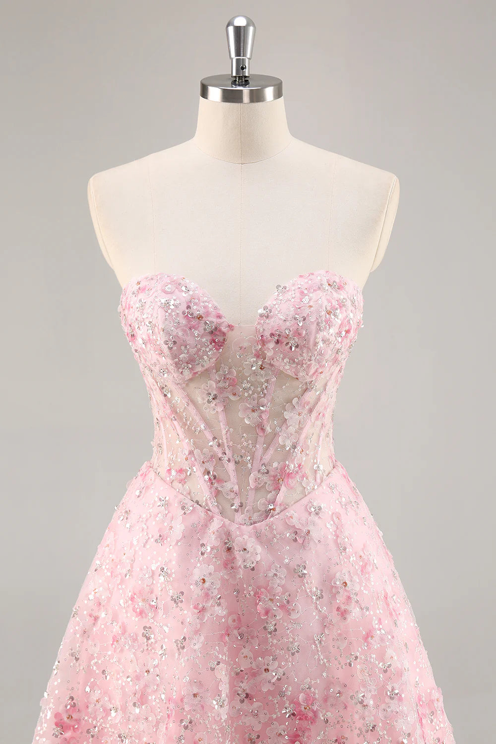Pink A-Line Strapless Sequins Corset Short Floral Homecoming Dress