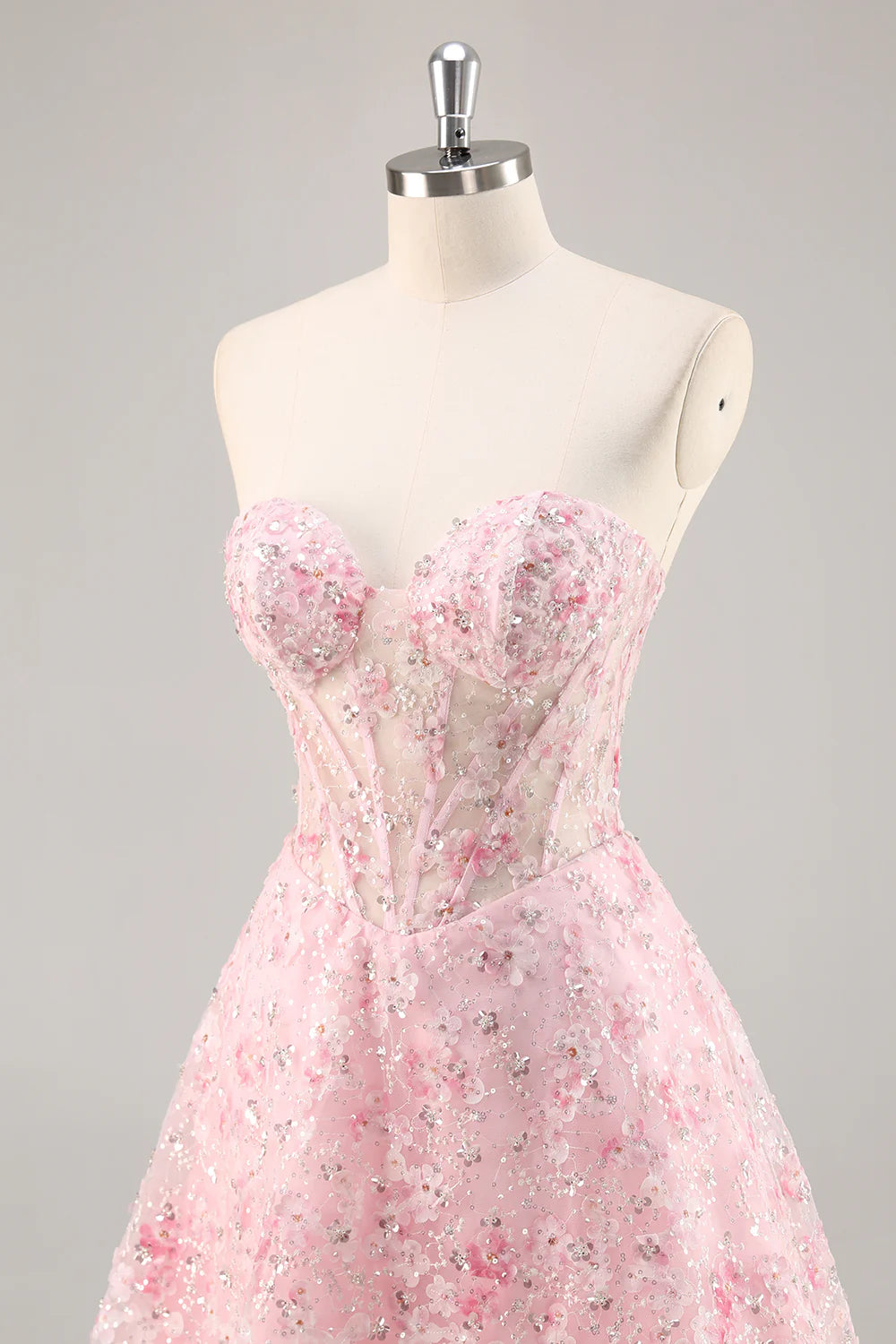 Pink A-Line Strapless Sequins Corset Short Floral Homecoming Dress
