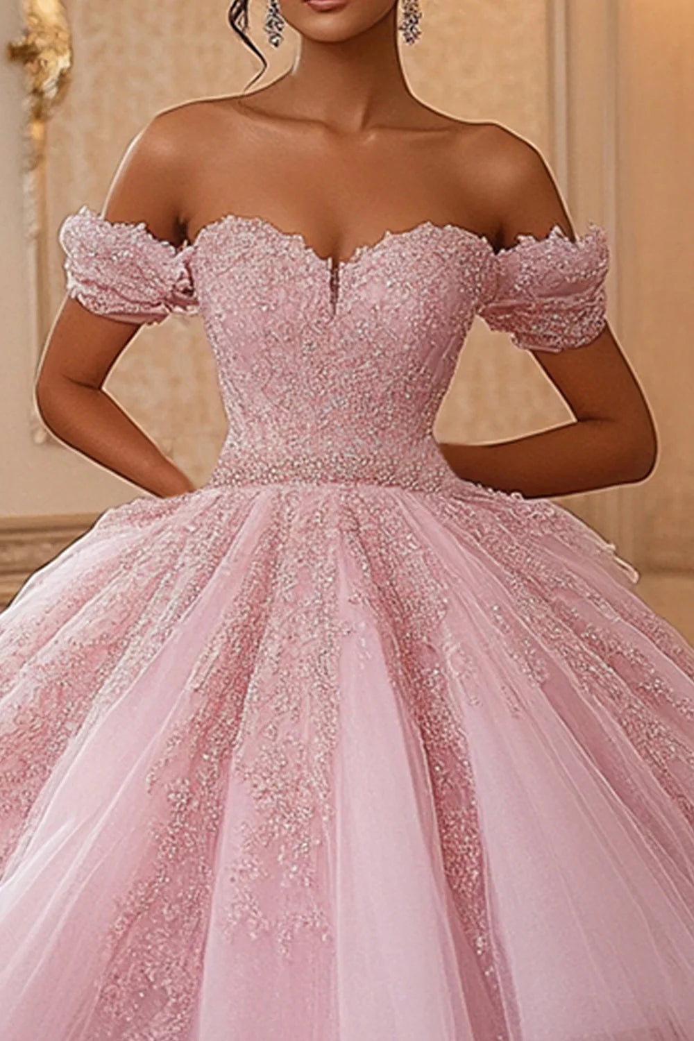 Pink Ball Gown Appliqued Off the Shoulder Long Quinceanera Dress with Sleeves