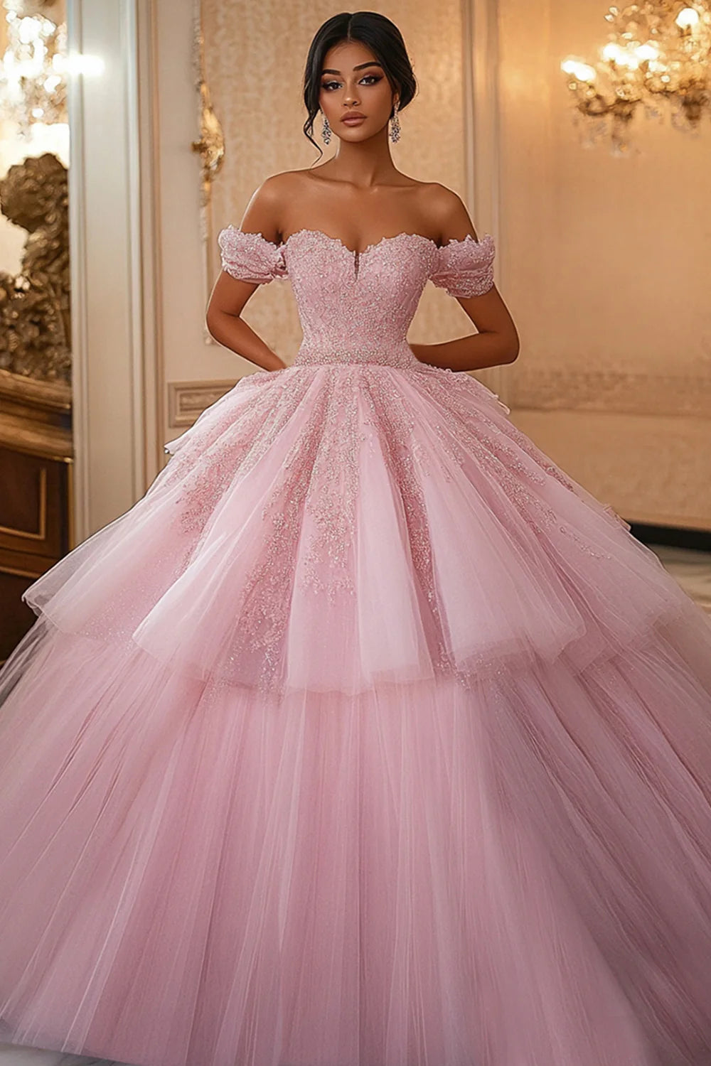 Pink Ball Gown Appliqued Off the Shoulder Long Quinceanera Dress with Sleeves