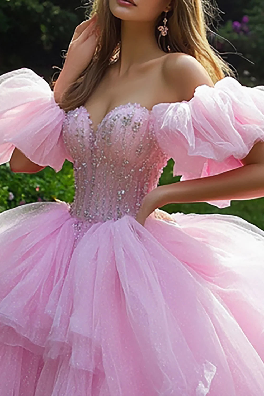 Pink Ball Gown Corset Princess Tulle Ruffled Long Quinceanera Dress with Beading