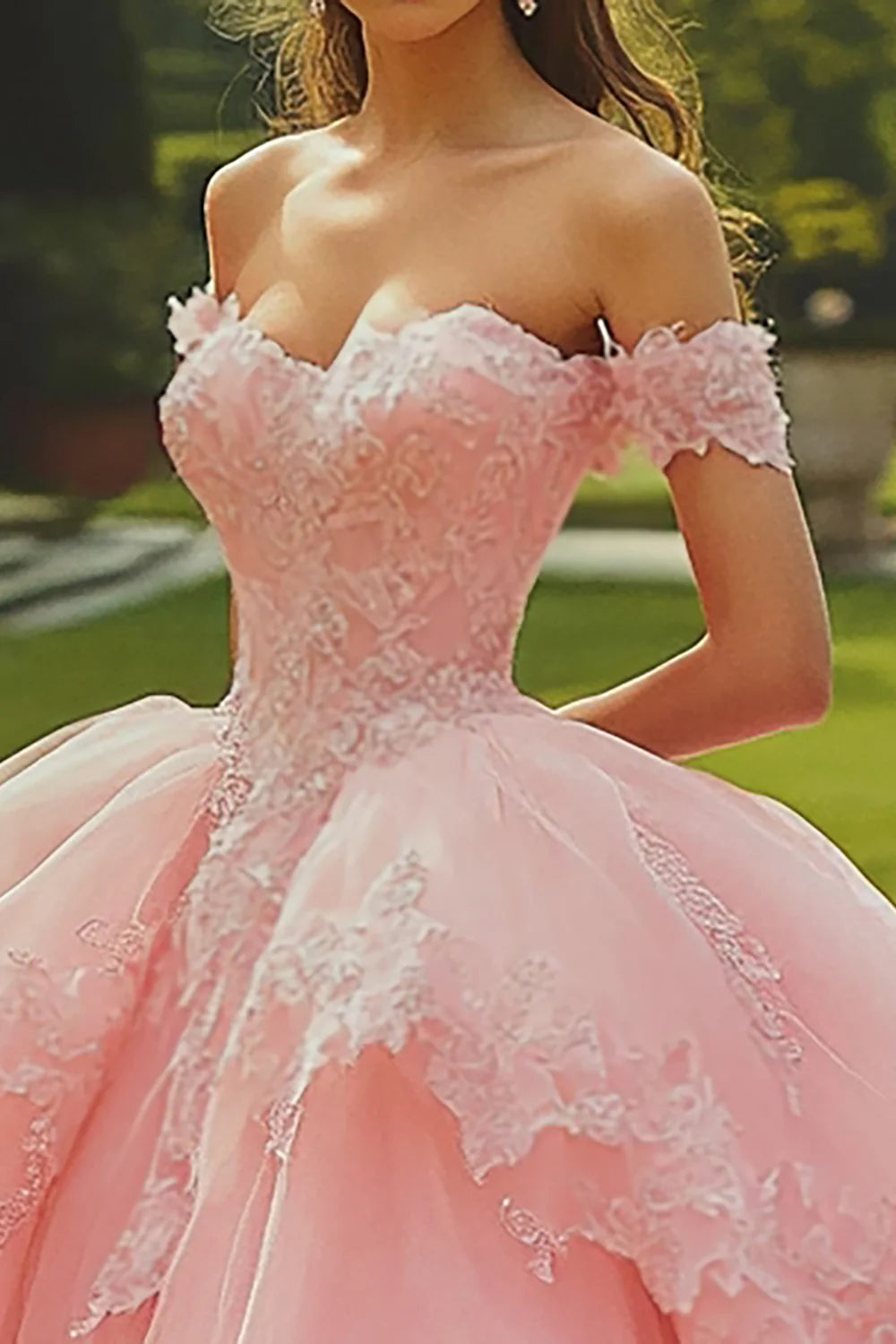 Pink Ball Gown Long Tulle Ruffled Quinceanera Dress with Appliques