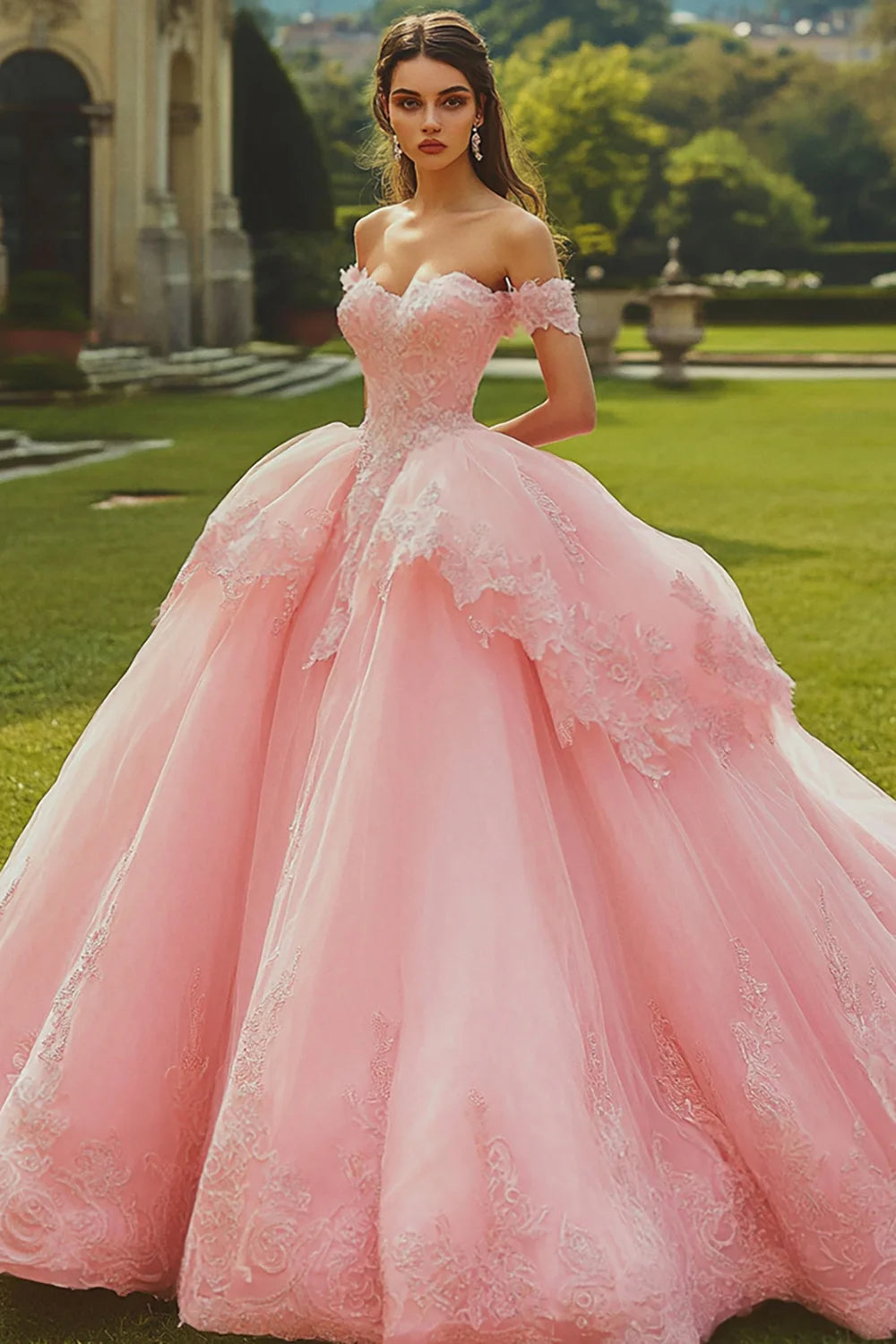Pink Ball Gown Long Tulle Ruffled Quinceanera Dress with Appliques