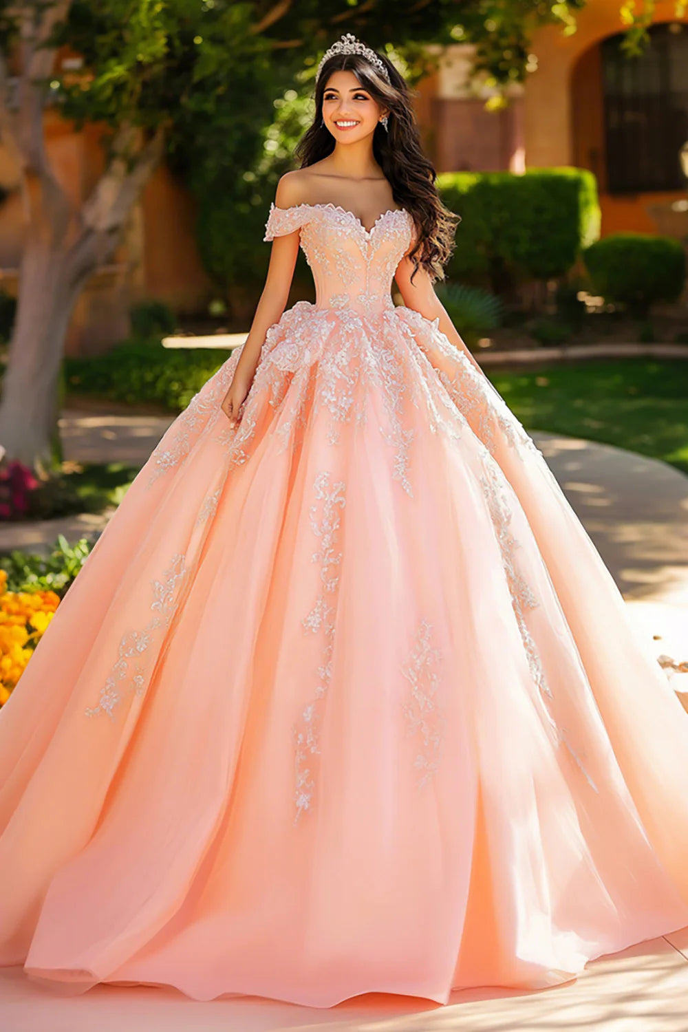 Pink Ball Gown Princess Corset Long Quinceanera Dress with Appliques