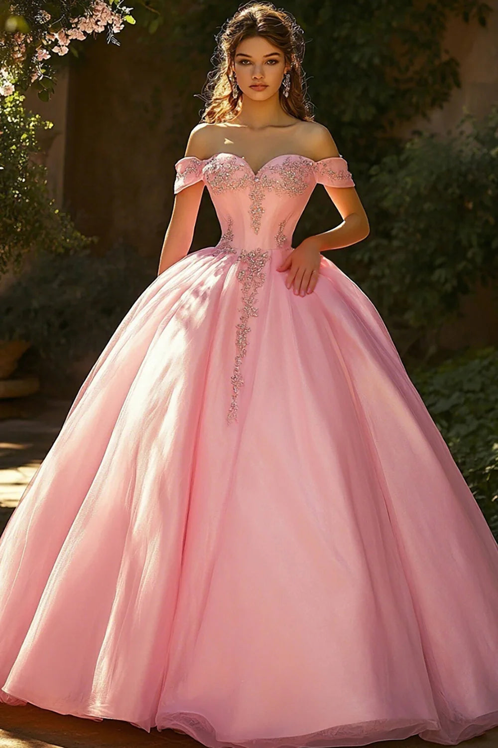 Pink Ball Gown Princess Tulle Long Quinceanera Dress with Appliques