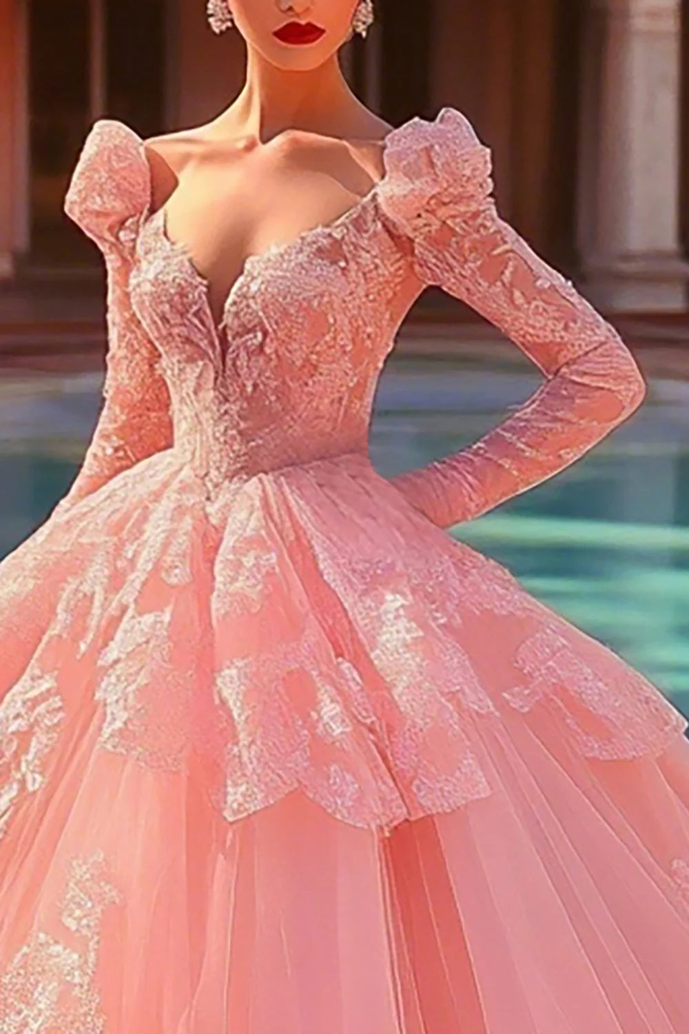 Pink Ball Gown Princess Tulle Long Sleeves Quinceanera Dress with Ruffles