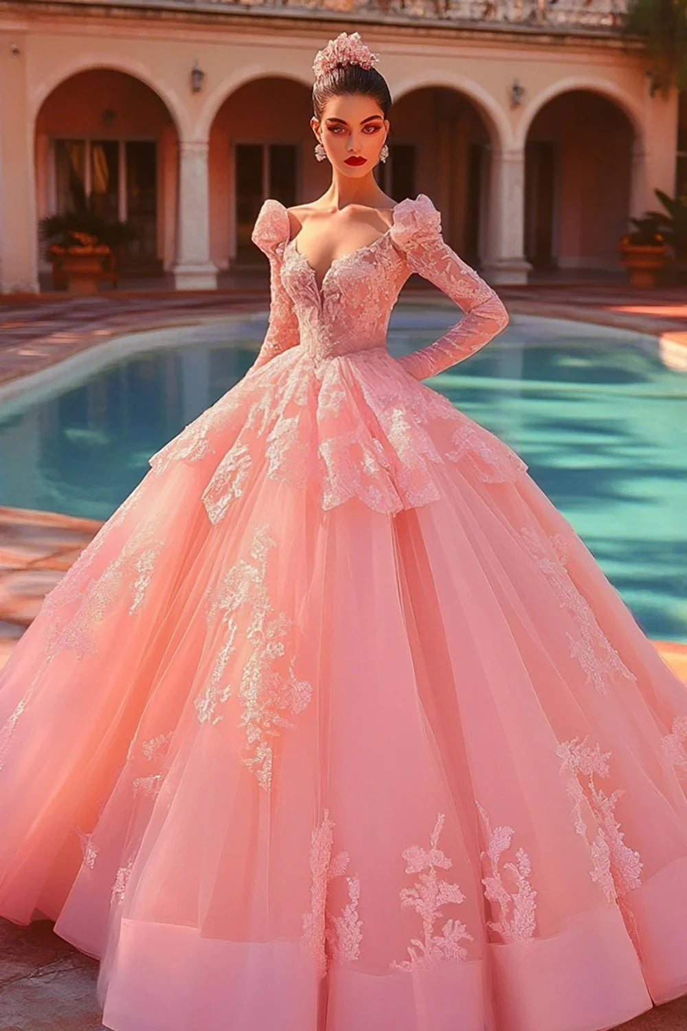 Pink Ball Gown Princess Tulle Long Sleeves Quinceanera Dress with Ruffles