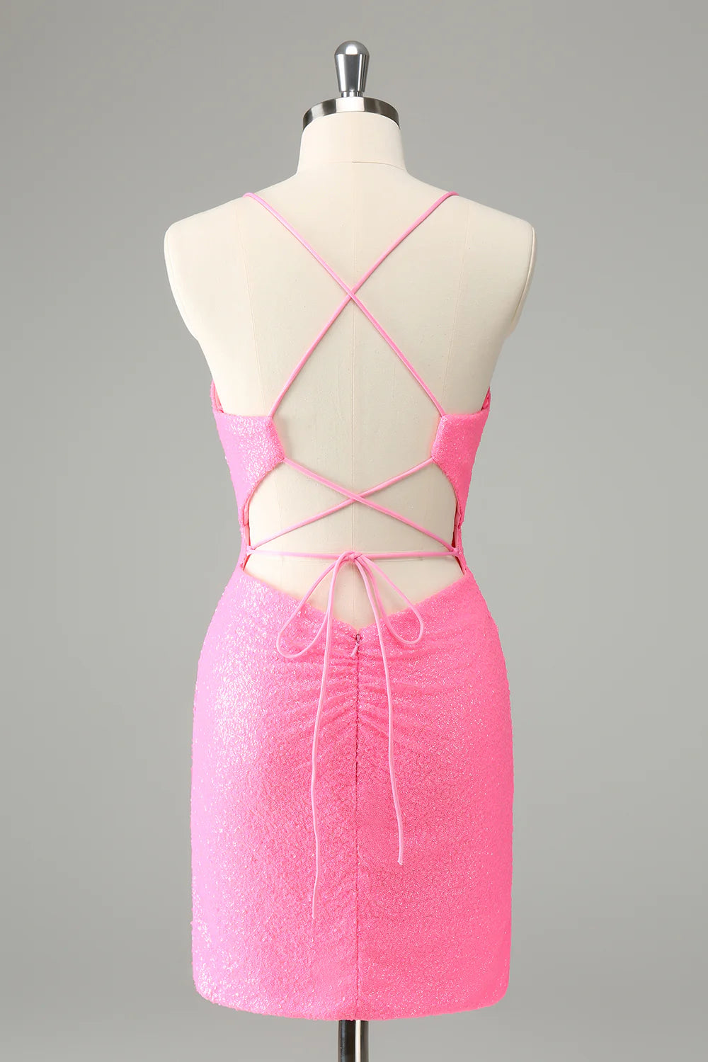 Pink Bodycon Spaghetti Straps Sequins Short Homecoming Dress with Lace-up Back