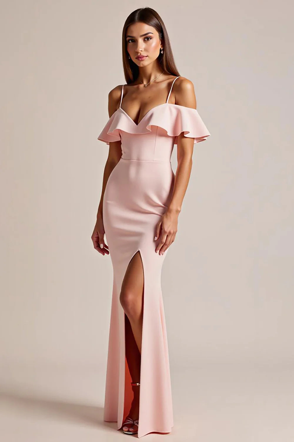 Pink Cold Shoulder Ruffled Long Formal Dress with Slit