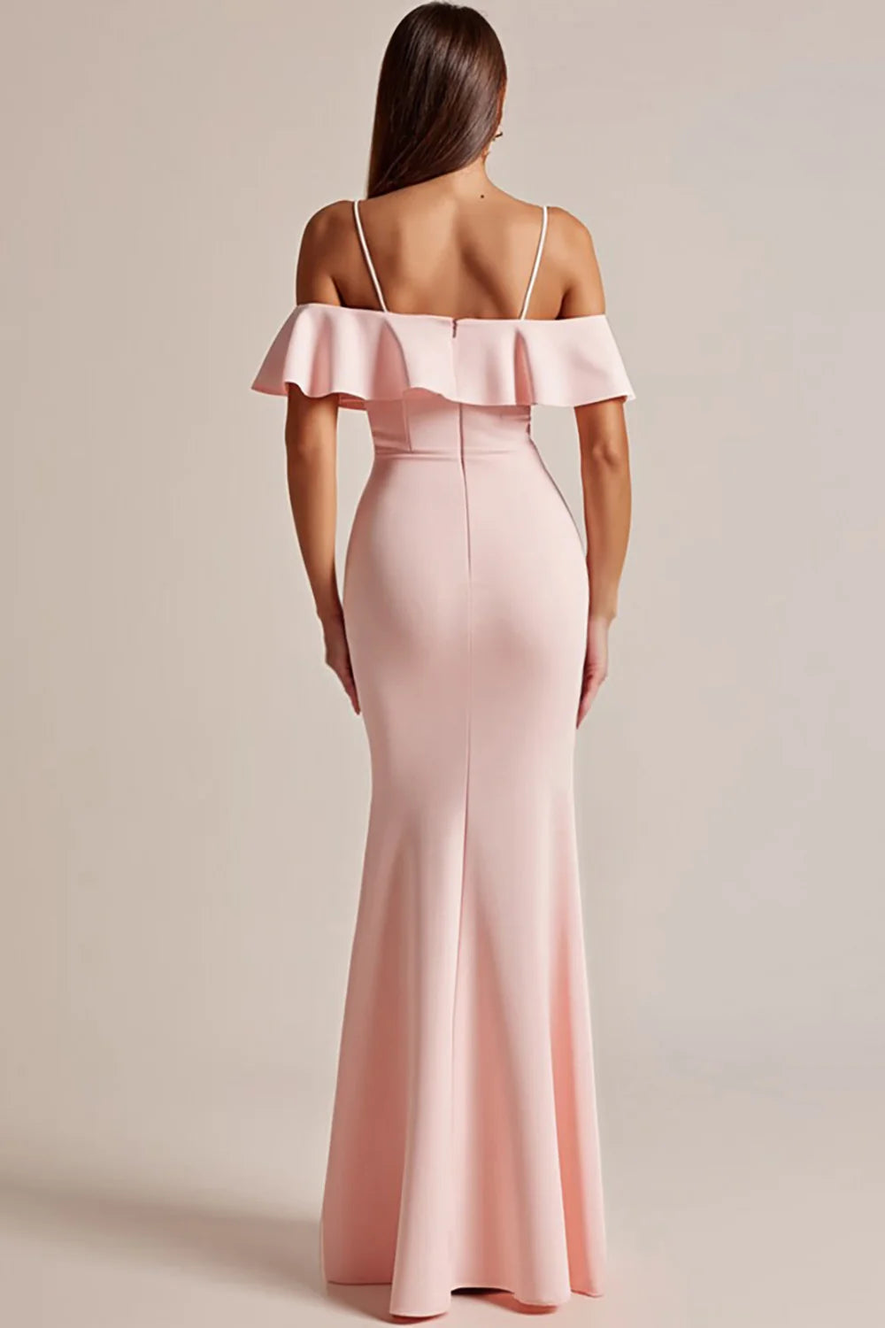Pink Cold Shoulder Ruffled Long Formal Dress with Slit