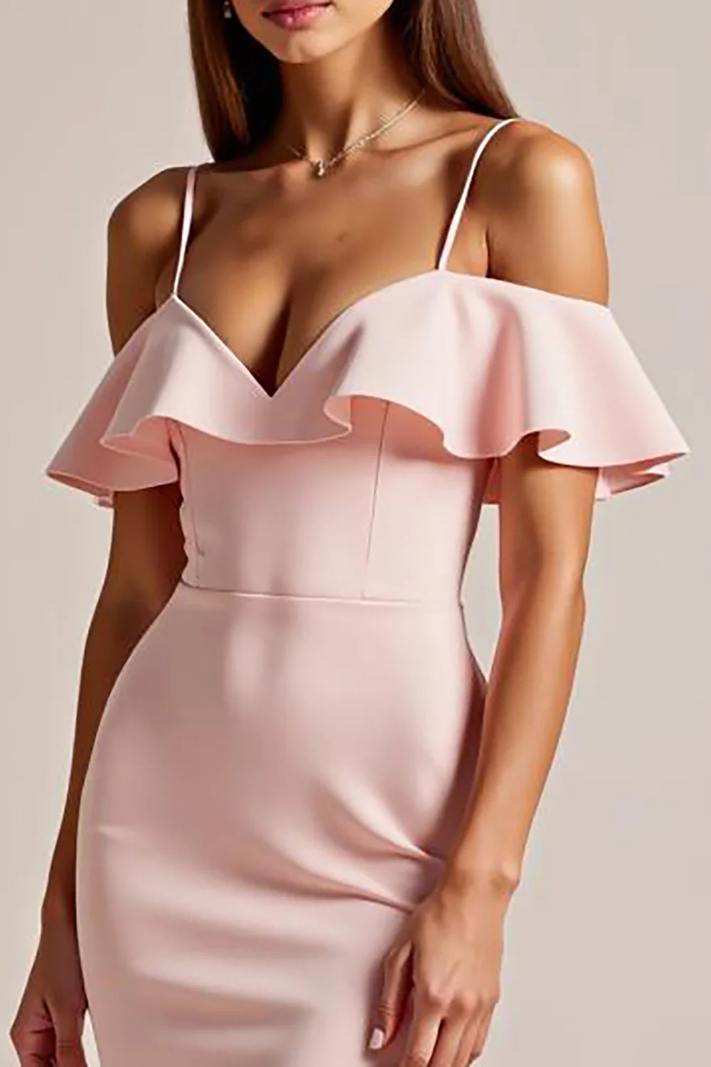 Pink Cold Shoulder Ruffled Long Formal Dress with Slit