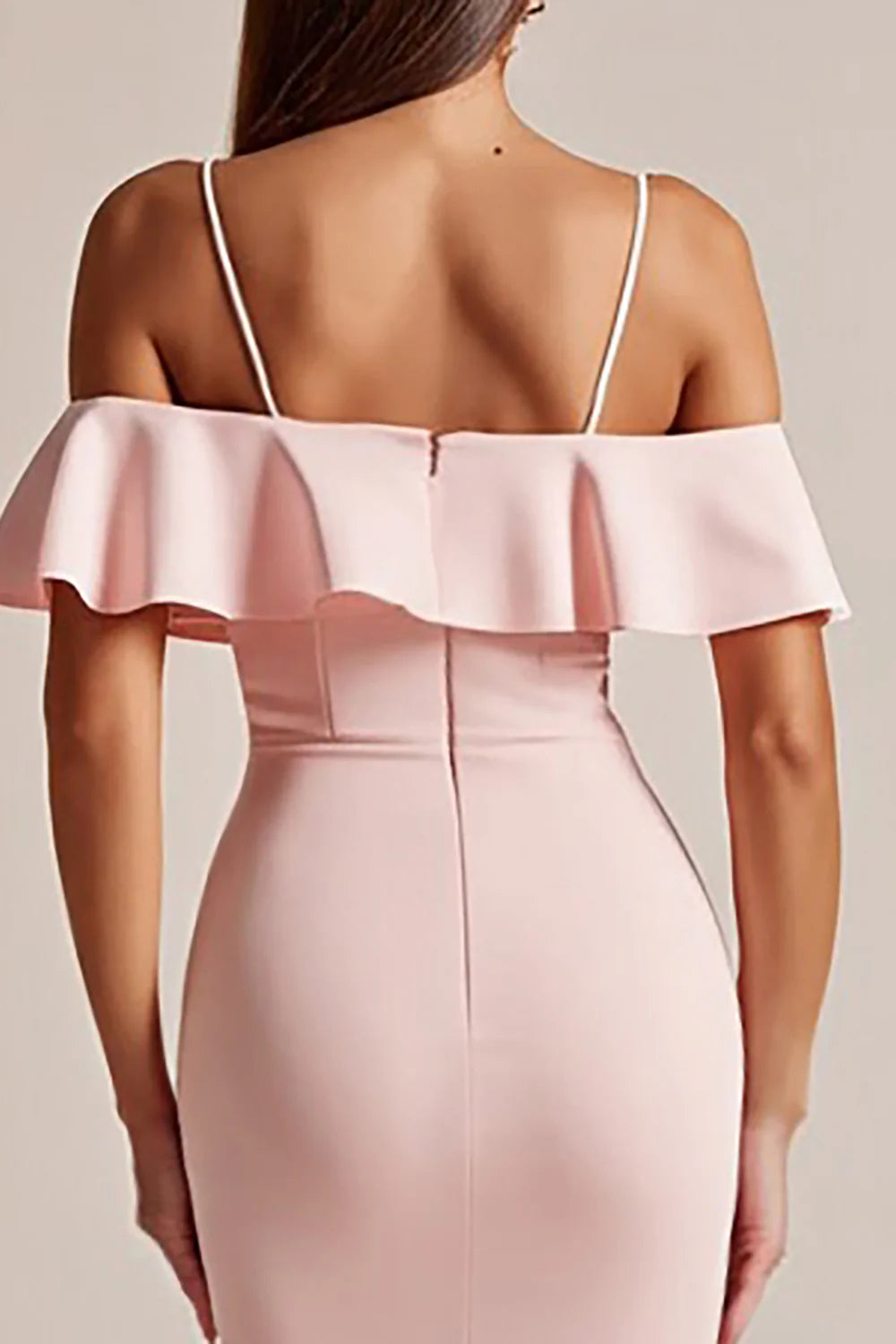 Pink Cold Shoulder Ruffled Long Formal Dress with Slit