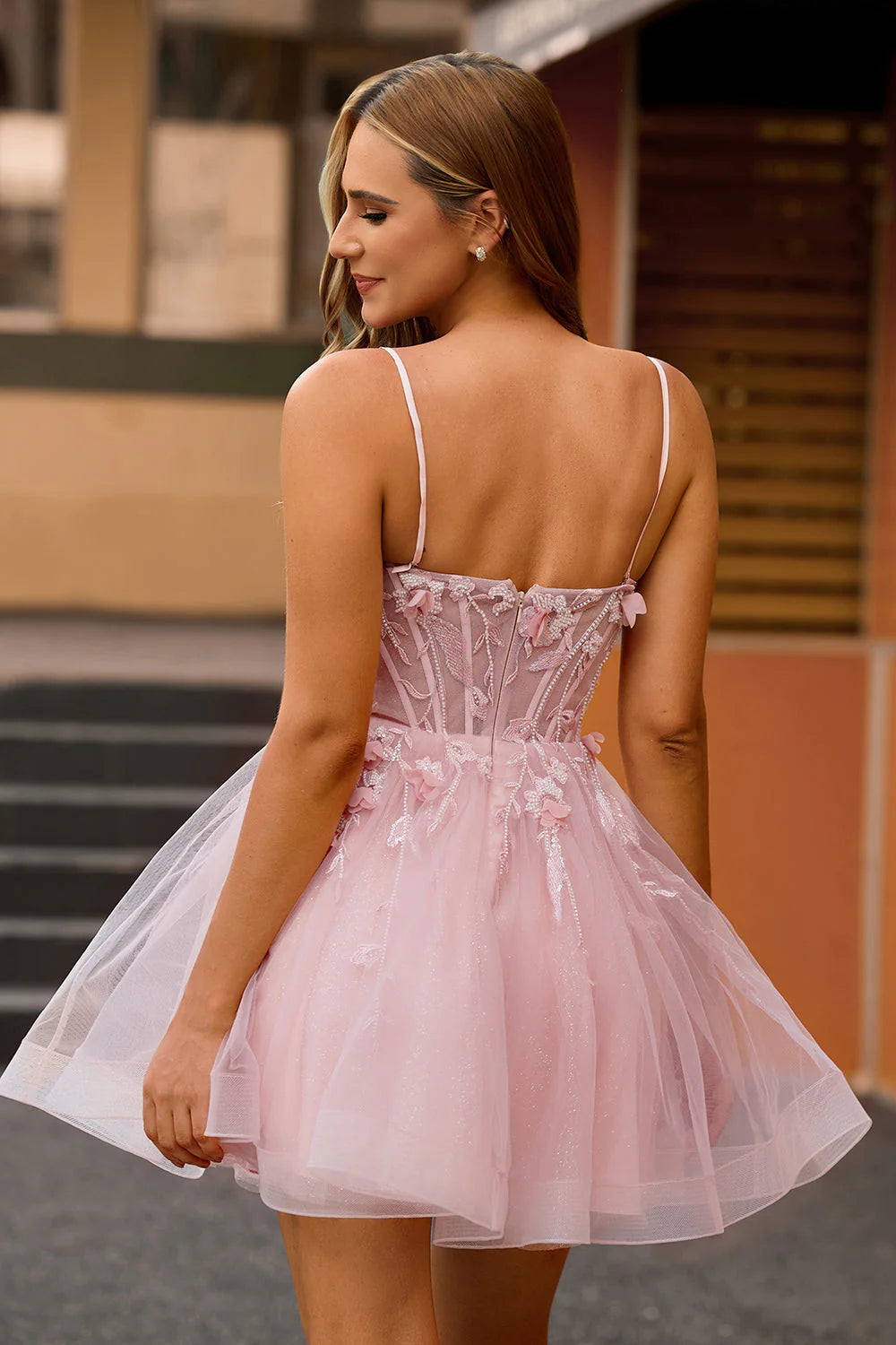 Pink Corset A Line Beaded Short Homecoming Dress with Appliques