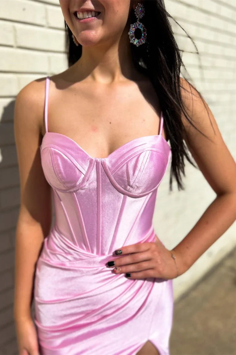 Pink Corset Spaghetti Strap Mermaid Long Formal Dress with Slit