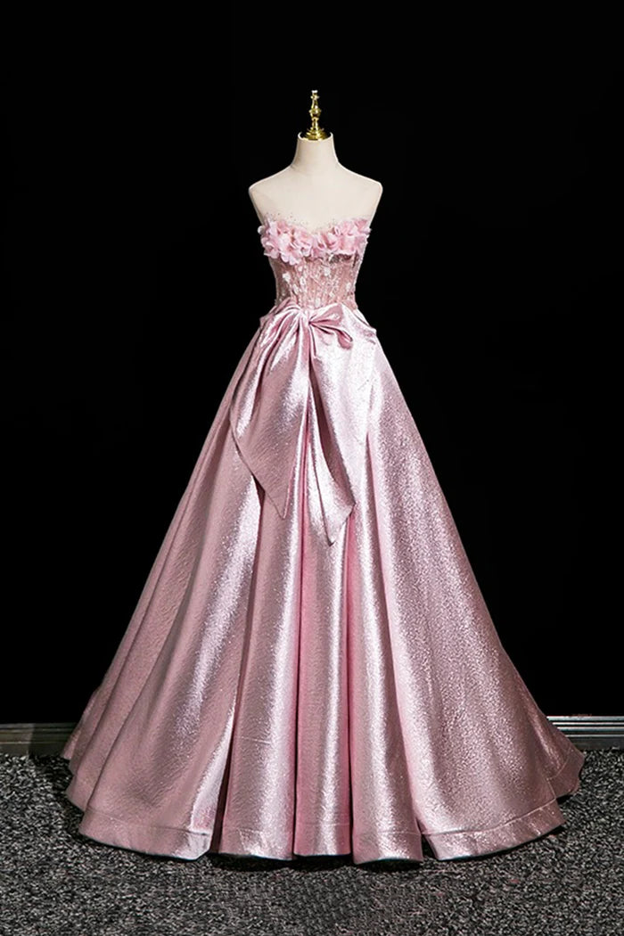 Pink Flower Satin Long Prom Dress, Beautiful Off the Shoulder Party Dress