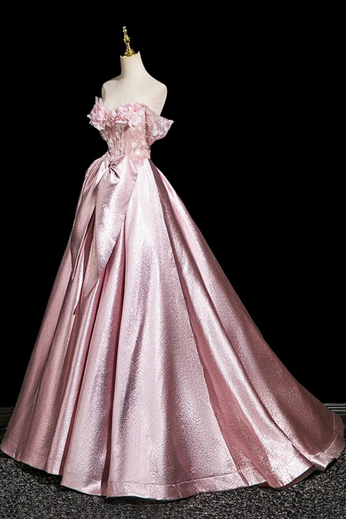 Pink Flower Satin Long Prom Dress, Beautiful Off the Shoulder Party Dress