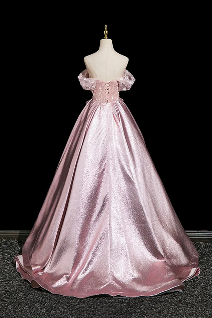 Pink Flower Satin Long Prom Dress, Beautiful Off the Shoulder Party Dress